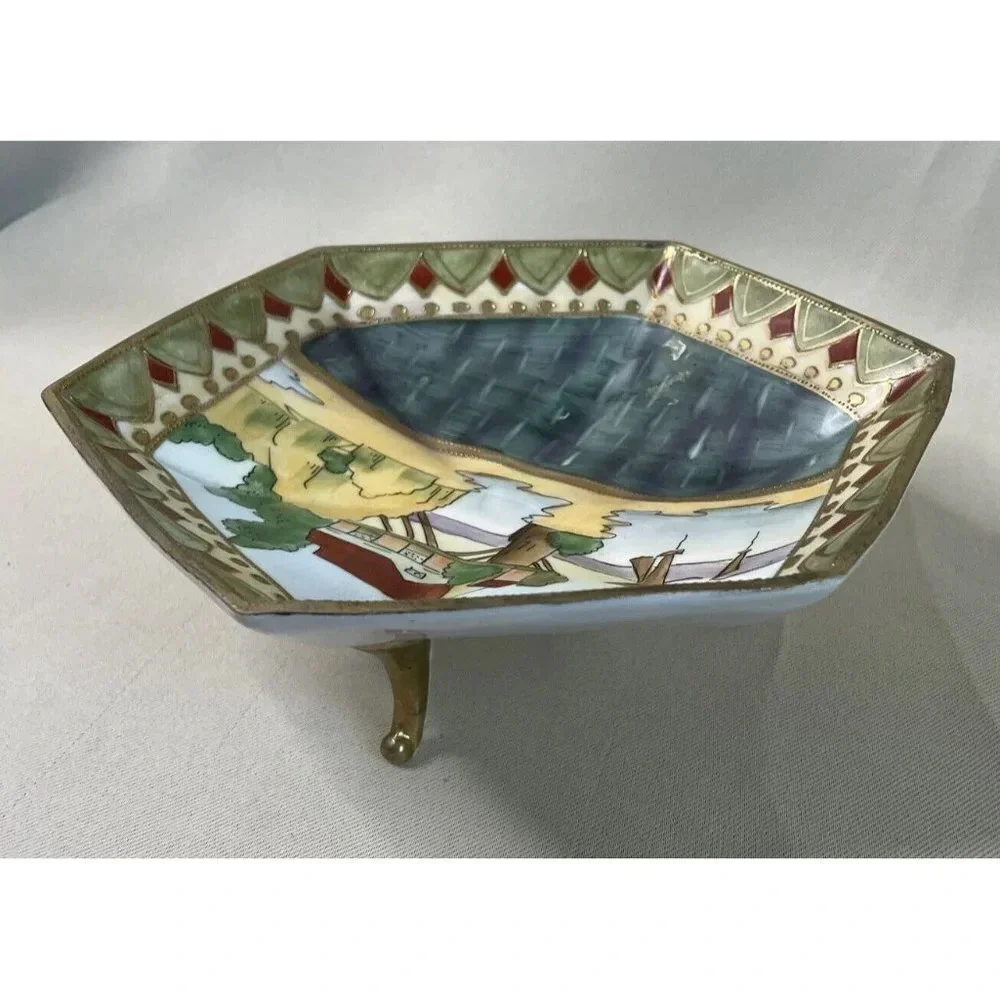 Imperial Nippon Hand Painted Footed Candy Dish Hexagon Water Scene READ‎ 7” VTG